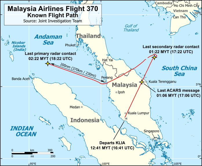 MH370's final flight path on March 8, 2014